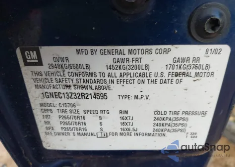 2002 Chevrolet Tahoe Ls из США, поврежденный, VIN 1GNEC13Z32R214595